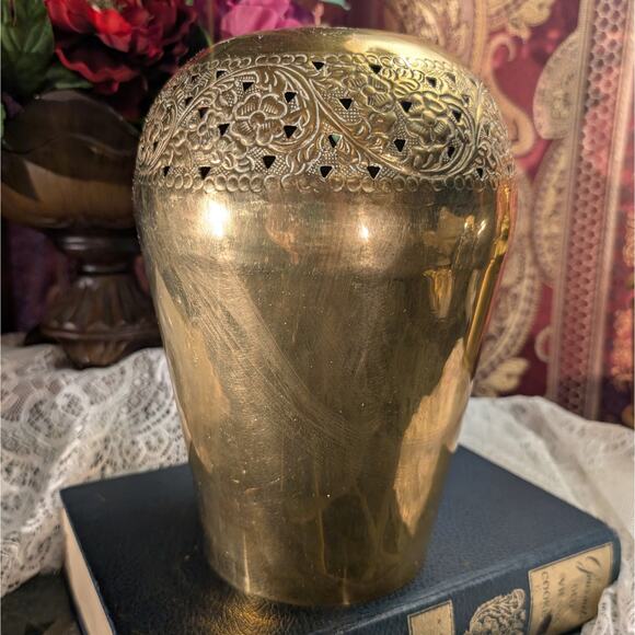 9.5" Tall Vintage Pierced Floral Design Solid Brass Vase, Handmade in India - Picture 2 of 8
